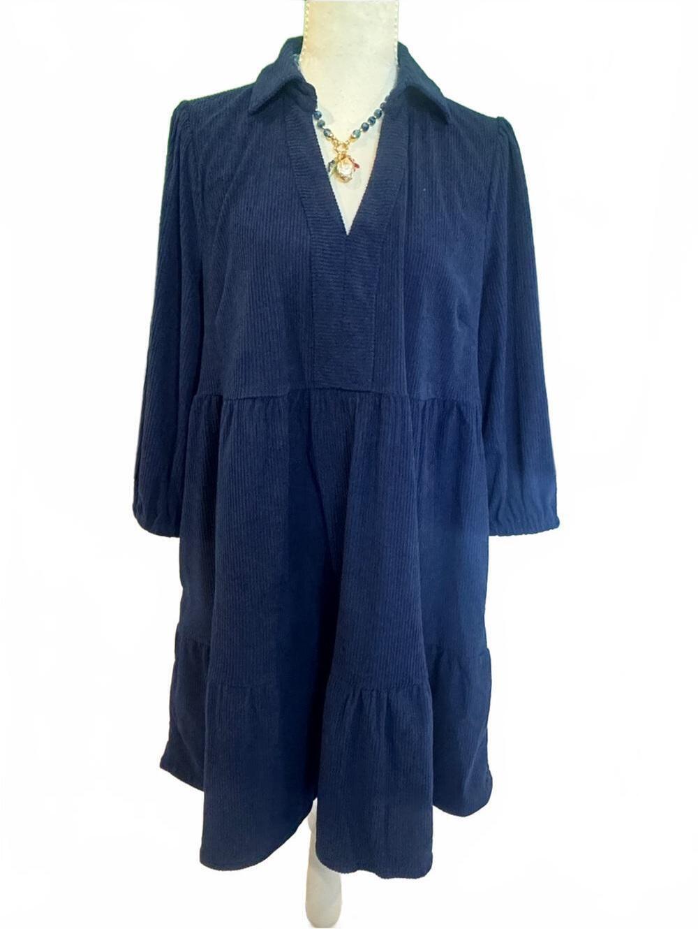 Umgee Navy Corduroy Tiered V Neck Babydoll Peasant Tunic SZ Small